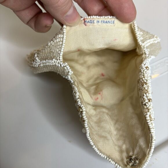 Vintage Beaded Belt Bag Clutch Snap Close Ivory Hand Made In France Lattice - Picture 6 of 7